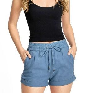 Love Tree Linen Blend Blue Cuffed Shorts Elastic Waist Pockets Juniors